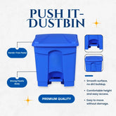 Blue step-on trash bin with features highlighted